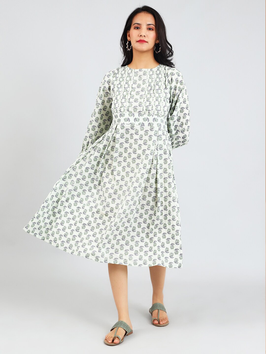 

INDOPHILIA Floral Print Pleated Fit & Flare Midi Dress, Green
