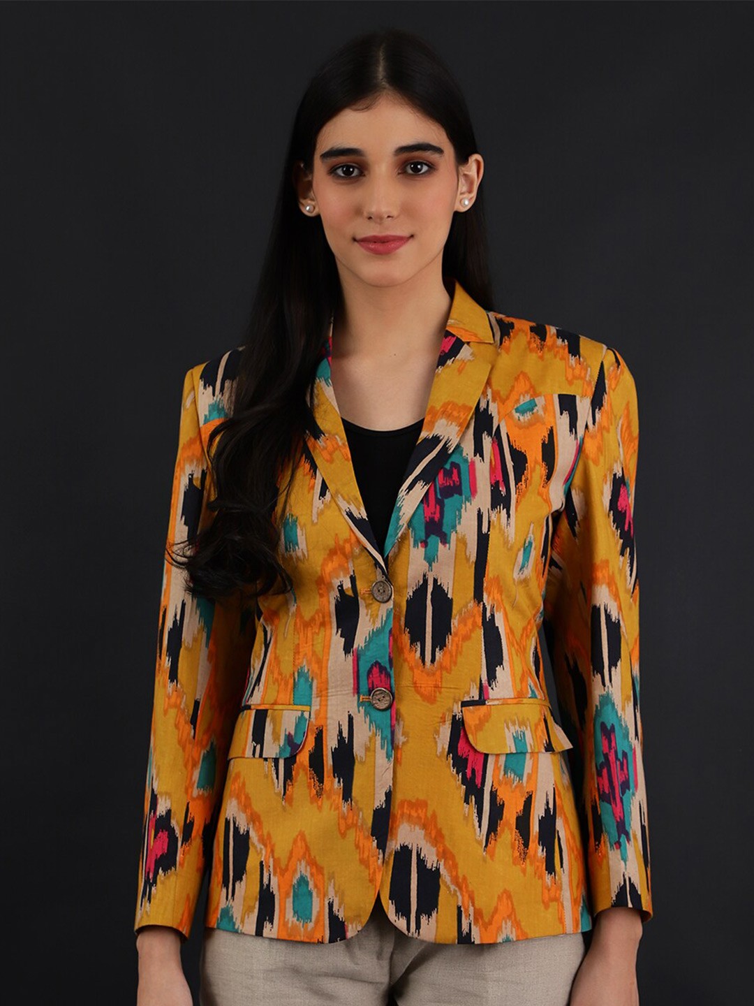 

INDOPHILIA Printed Notched Lapel Single Breasted Cotton Blazer, Yellow