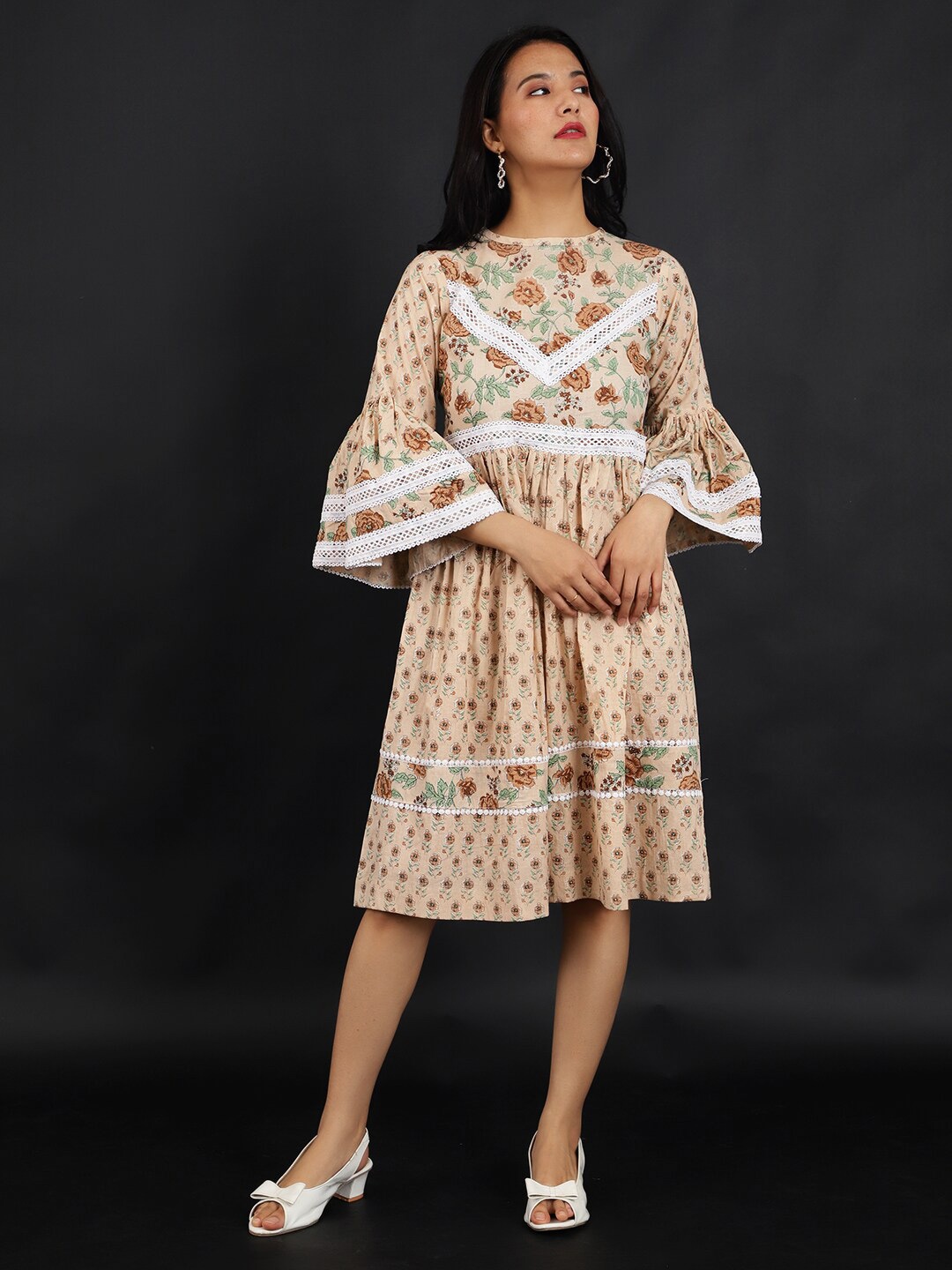 

INDOPHILIA Floral Printed Bell Sleeve Lace Jaipur Cotton Fit & Flare Dress, Beige