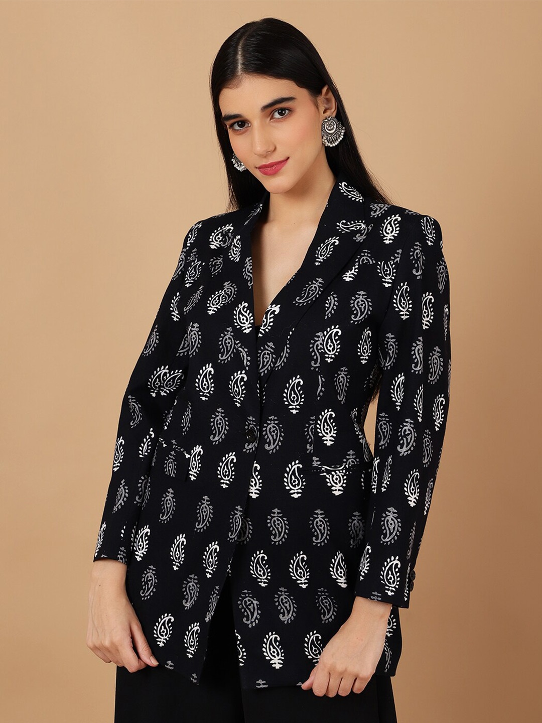 

INDOPHILIA Printed Cotton Single Breasted Blazer, Black