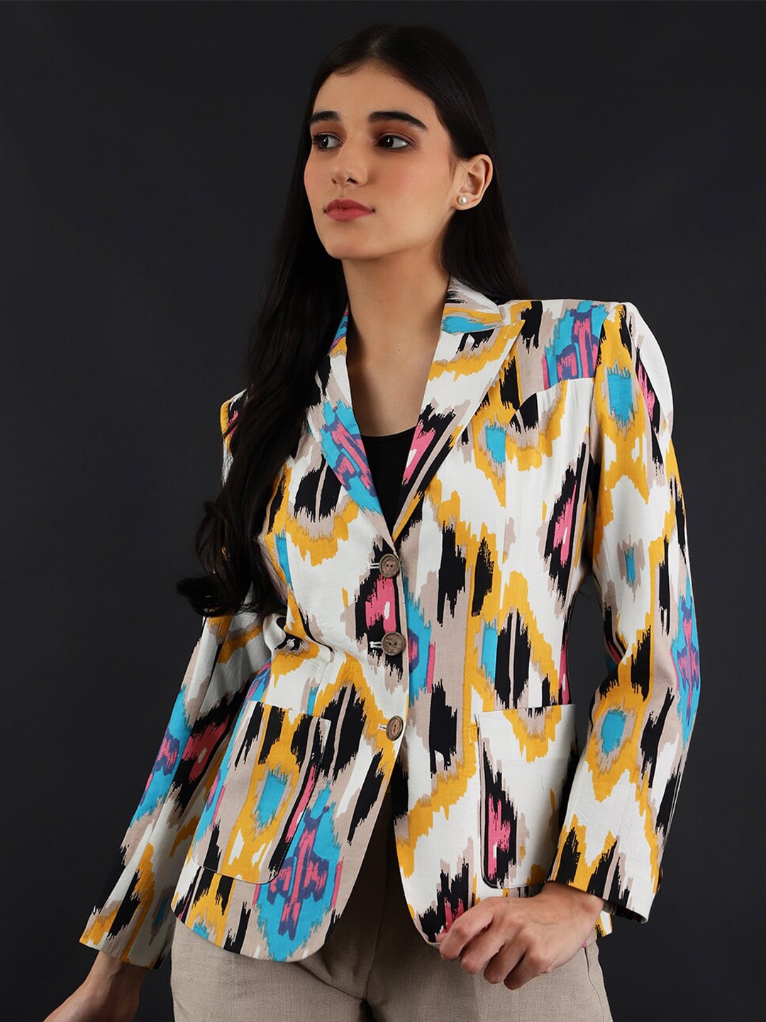 

INDOPHILIA Printed Notched Lapel Single Breasted Cotton Blazer, White