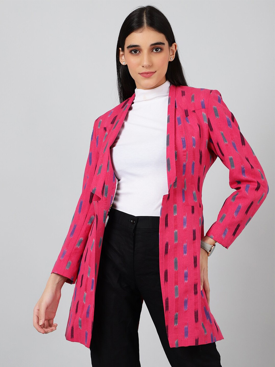 

INDOPHILIA Geometric Printed Ikat Satin Cotton Open Front Casual Blazer, Pink