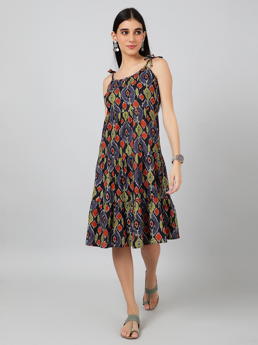 

INDOPHILIA Geometric Printed Sleeveless Cotton Fit & Flare Knee Length Dress, Black