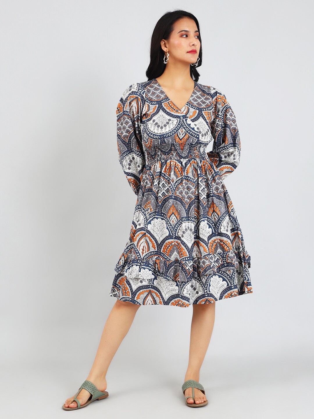 

INDOPHILIA Ethnic Motifs Printed Smocked Fit & Flare Dress, Grey