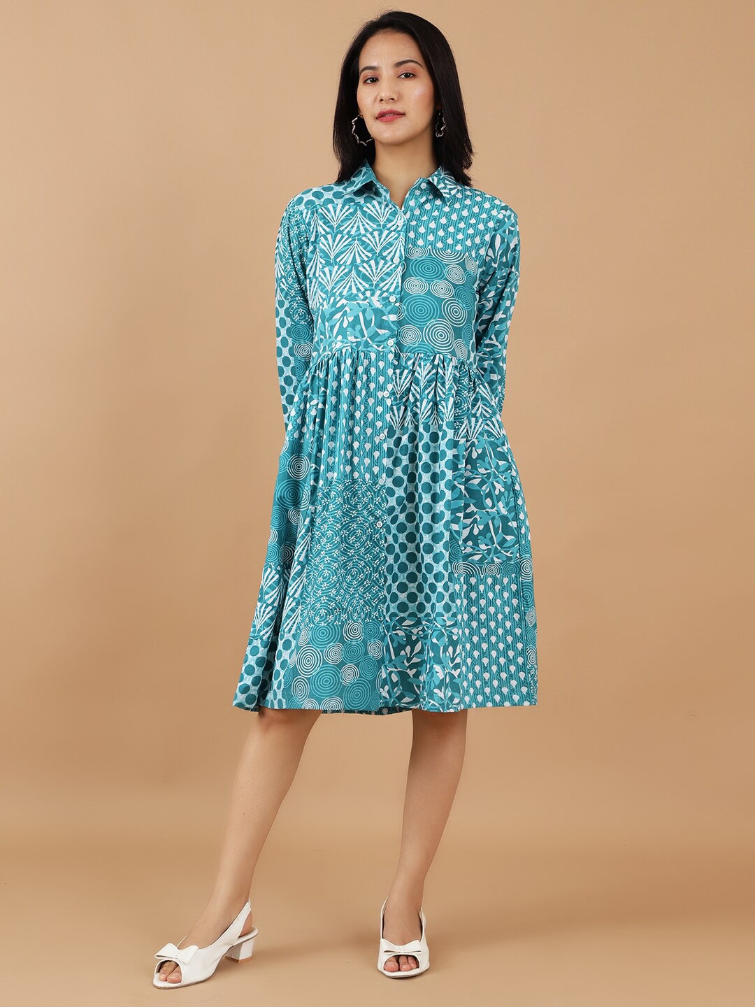 

INDOPHILIA Geometric Printed Cotton Knee Length Shirt Dress, Green