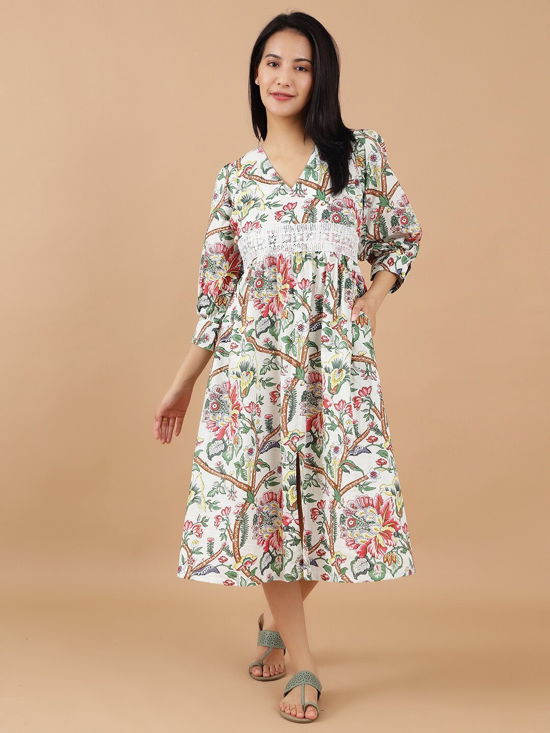 

INDOPHILIA Floral Printed Fit & Flare Cotton Midi Dress, Green