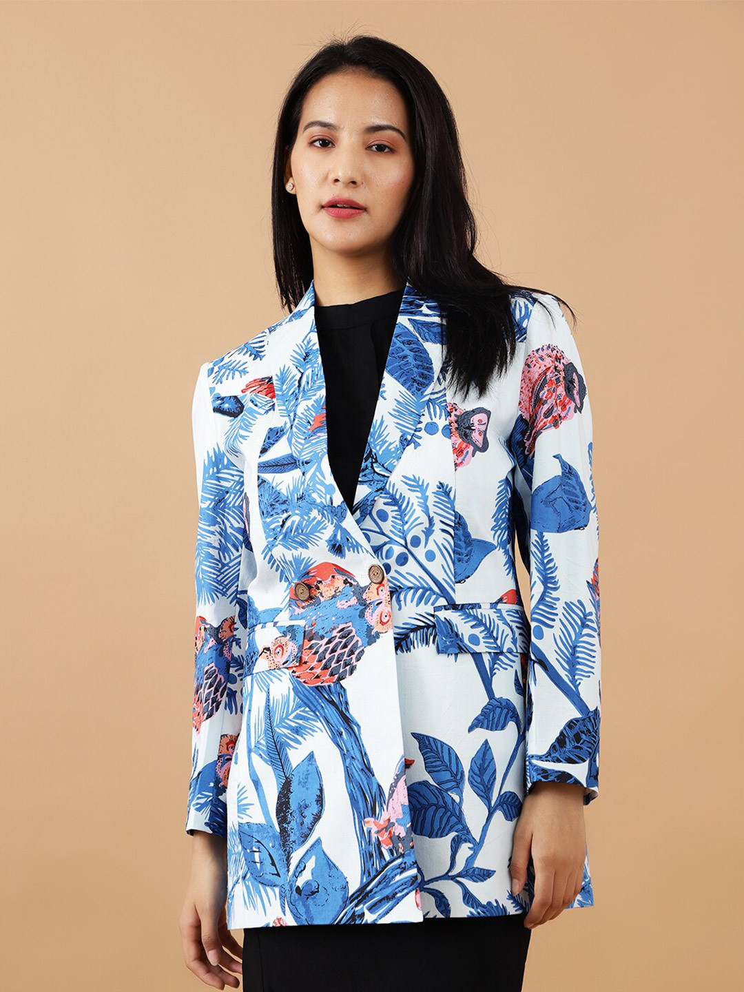

INDOPHILIA Printed Cotton Single Breasted Blazer, White