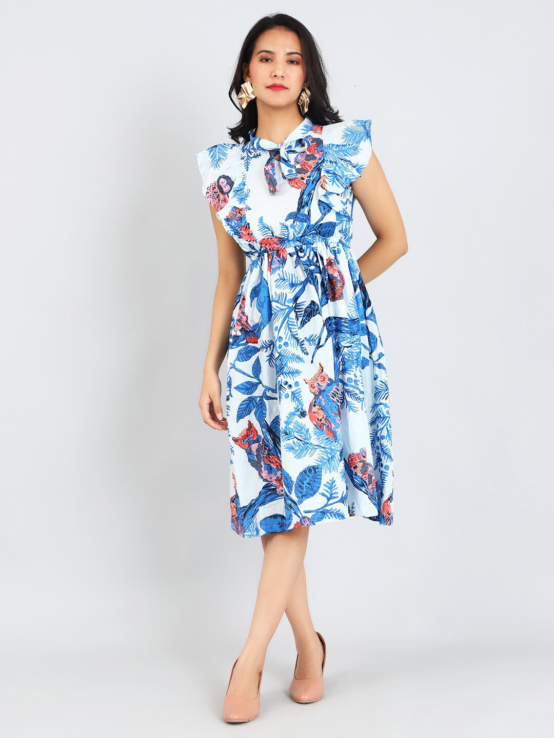

INDOPHILIA Floral Printed Flutter Sleeve Fit & Flare Midi Dress, Blue