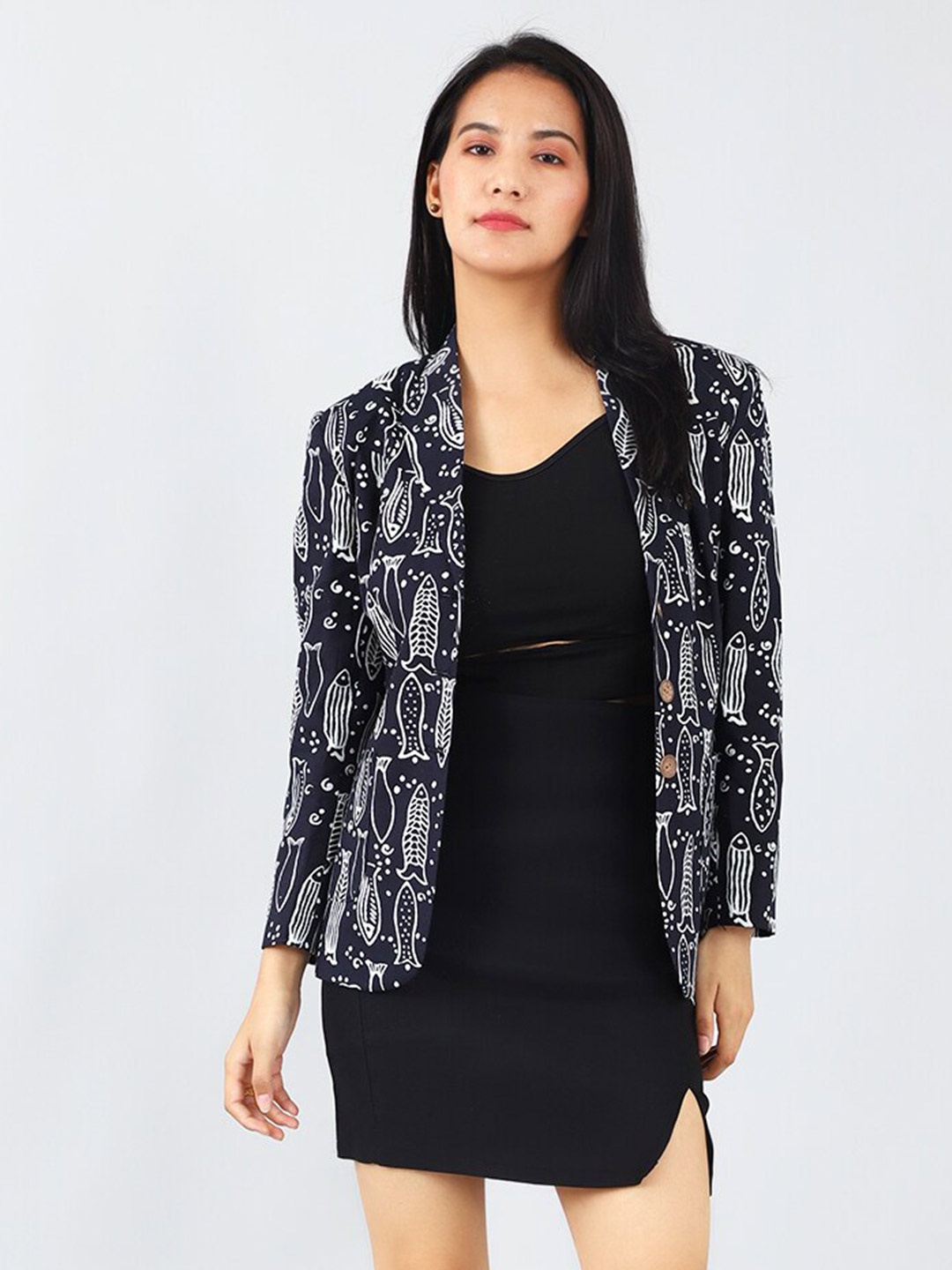 

INDOPHILIA Printed Cotton Single Breasted Blazer, Black