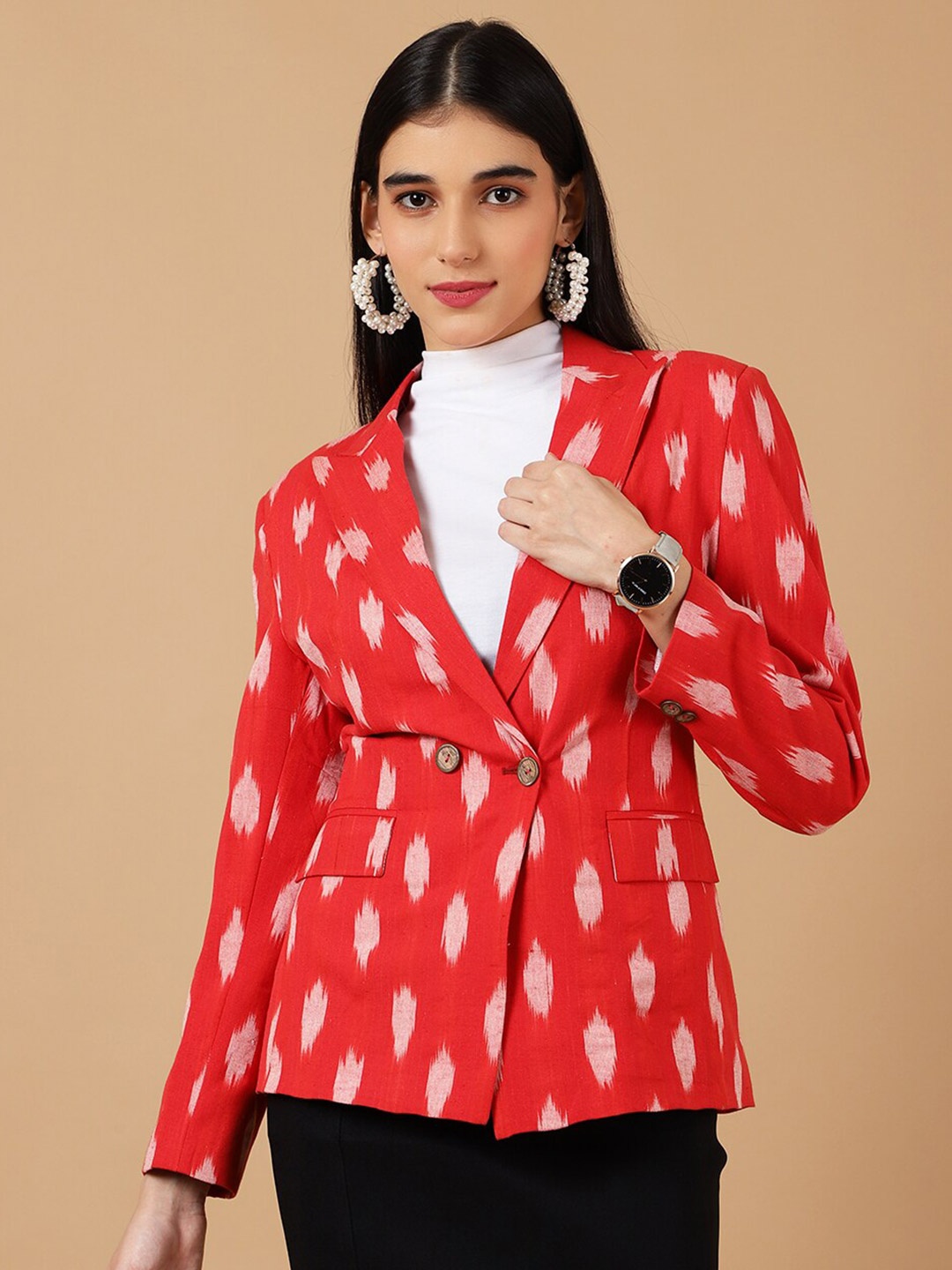 

INDOPHILIA Ikat Printed Cotton Notched Lapel Collar Single-Breasted Blazer, Red