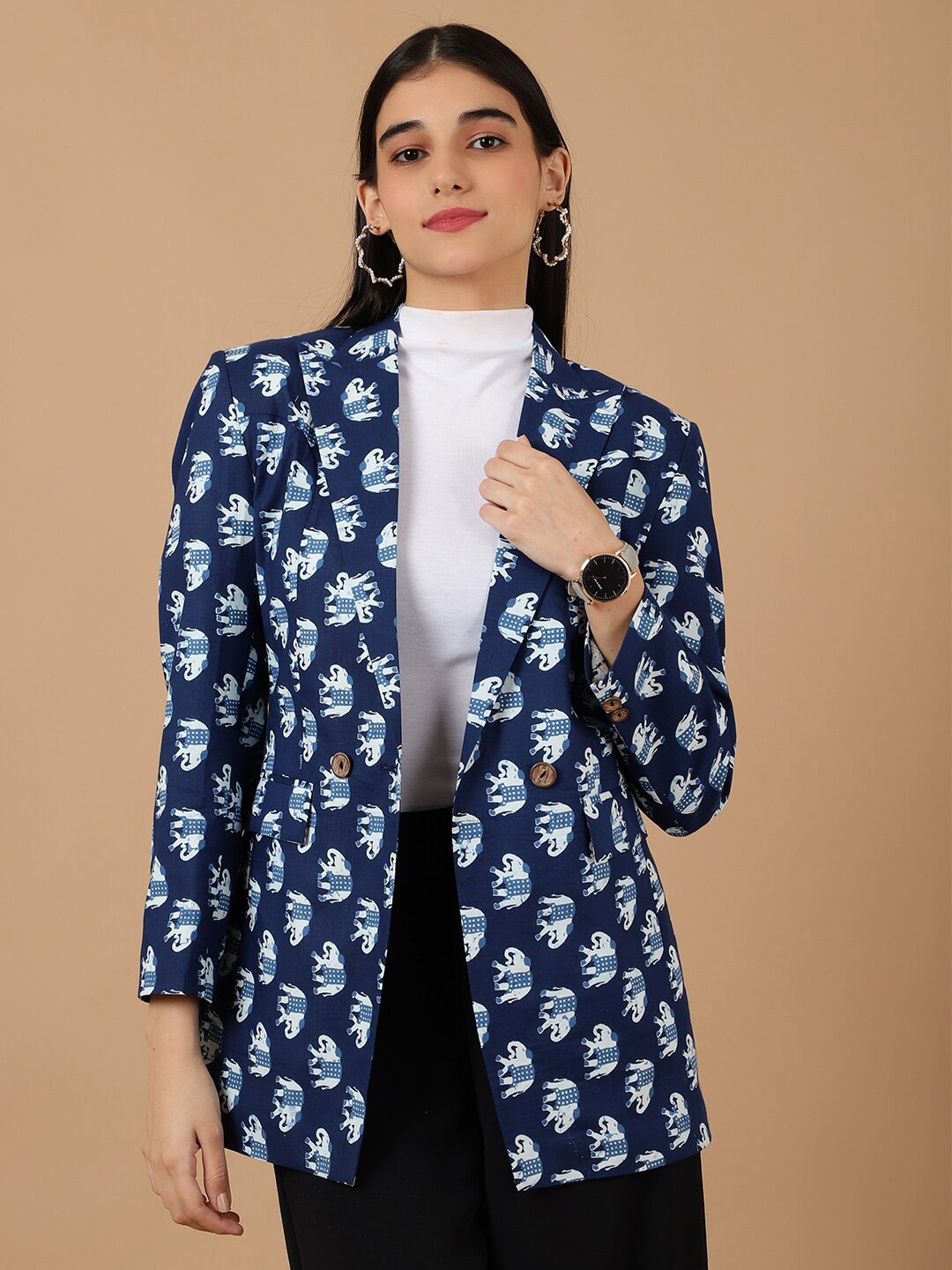 

INDOPHILIA Ethnic Motifs Printed Cotton Single Breasted Blazer, Blue