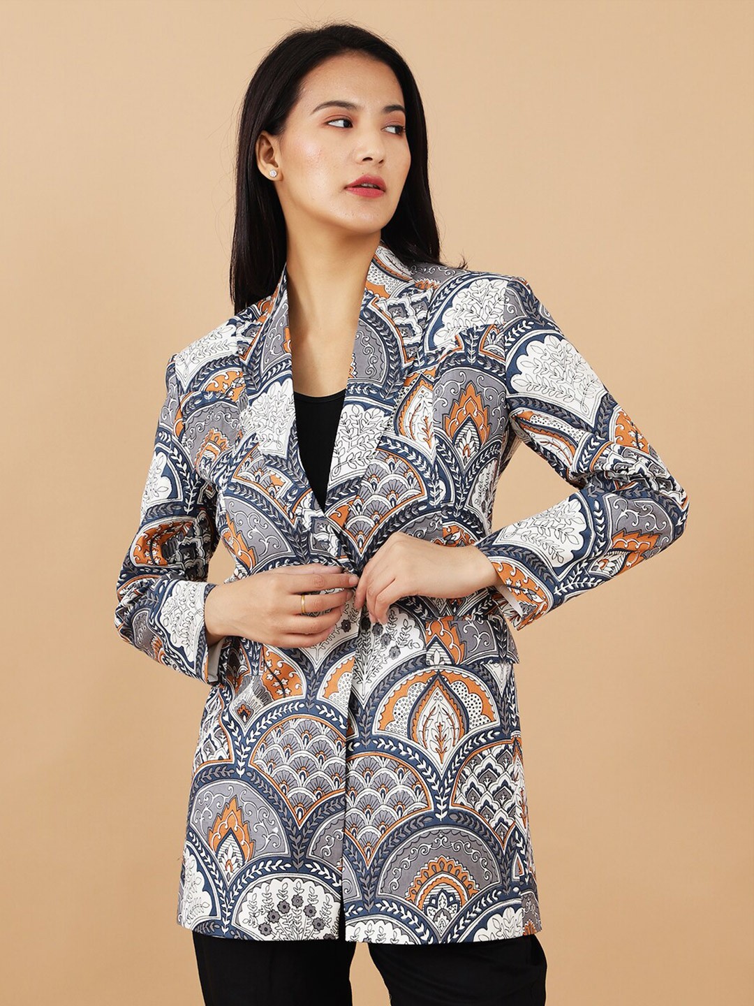 

INDOPHILIA Printed Notched Lapel Single Breasted Cotton Blazer, Grey