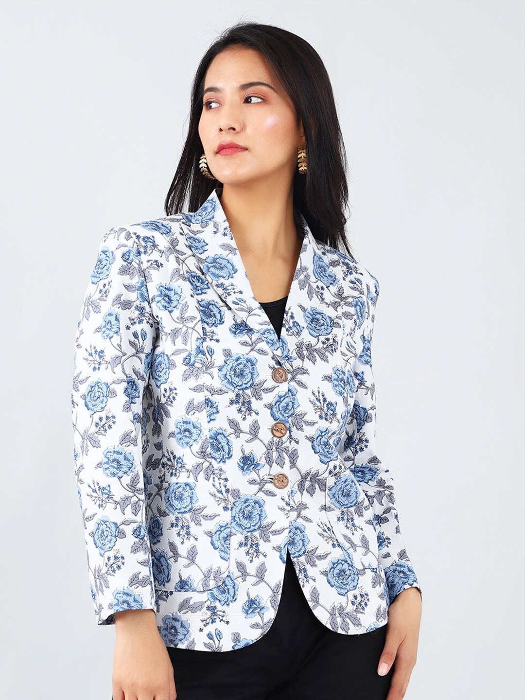 

INDOPHILIA Floral Printed Cotton Single-Breasted Blazers, White