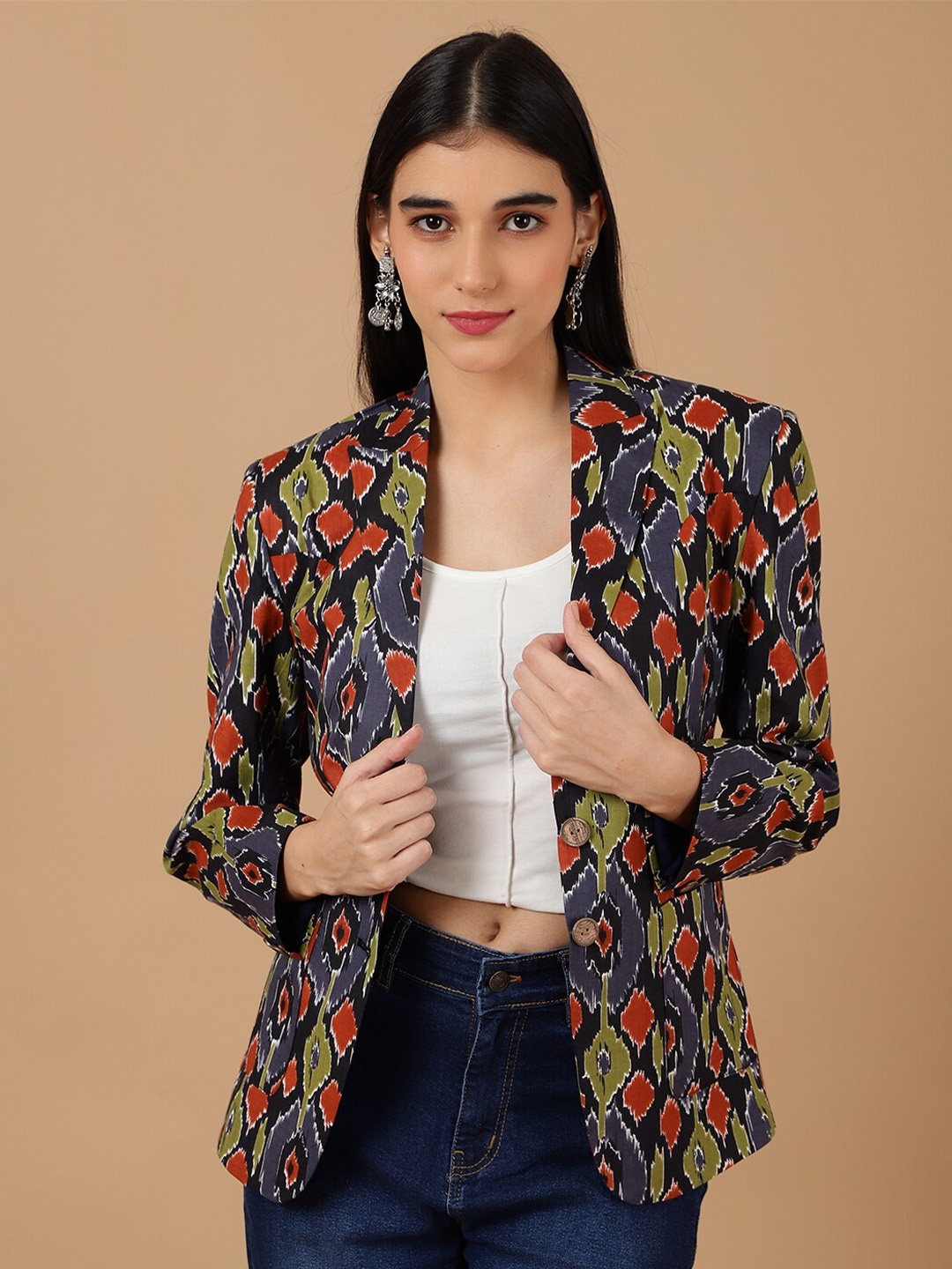 

INDOPHILIA Printed Cotton Single Breasted Blazer, Black