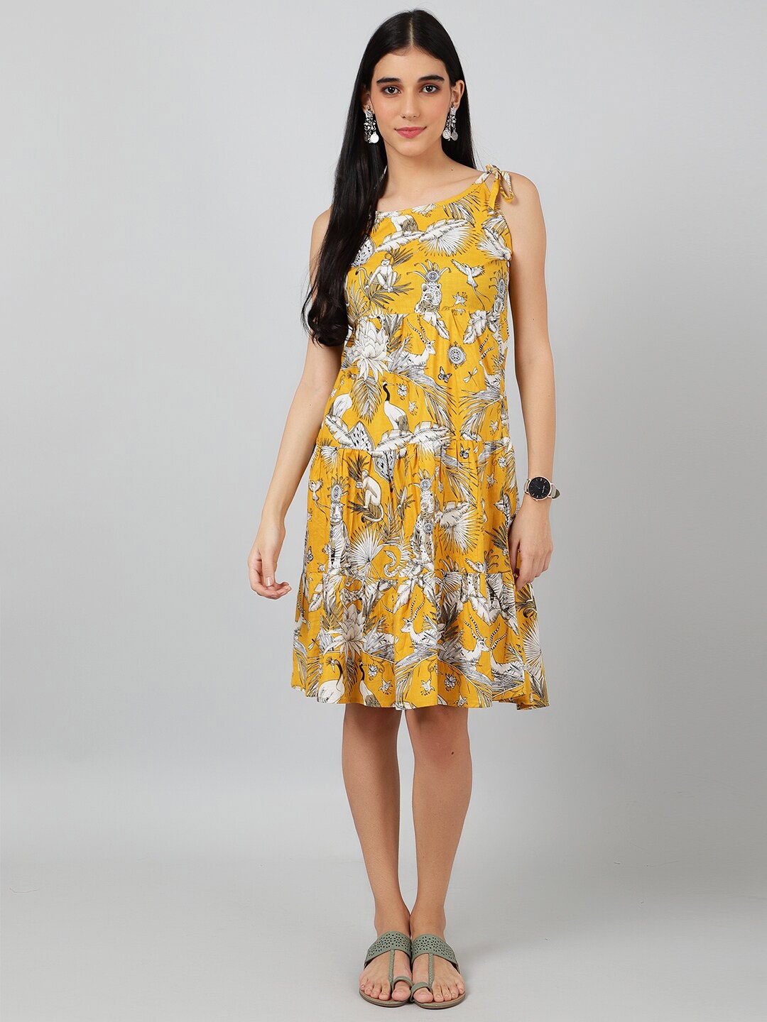 

INDOPHILIA Conversational Printed Sleeveless A-Line Dress, Yellow