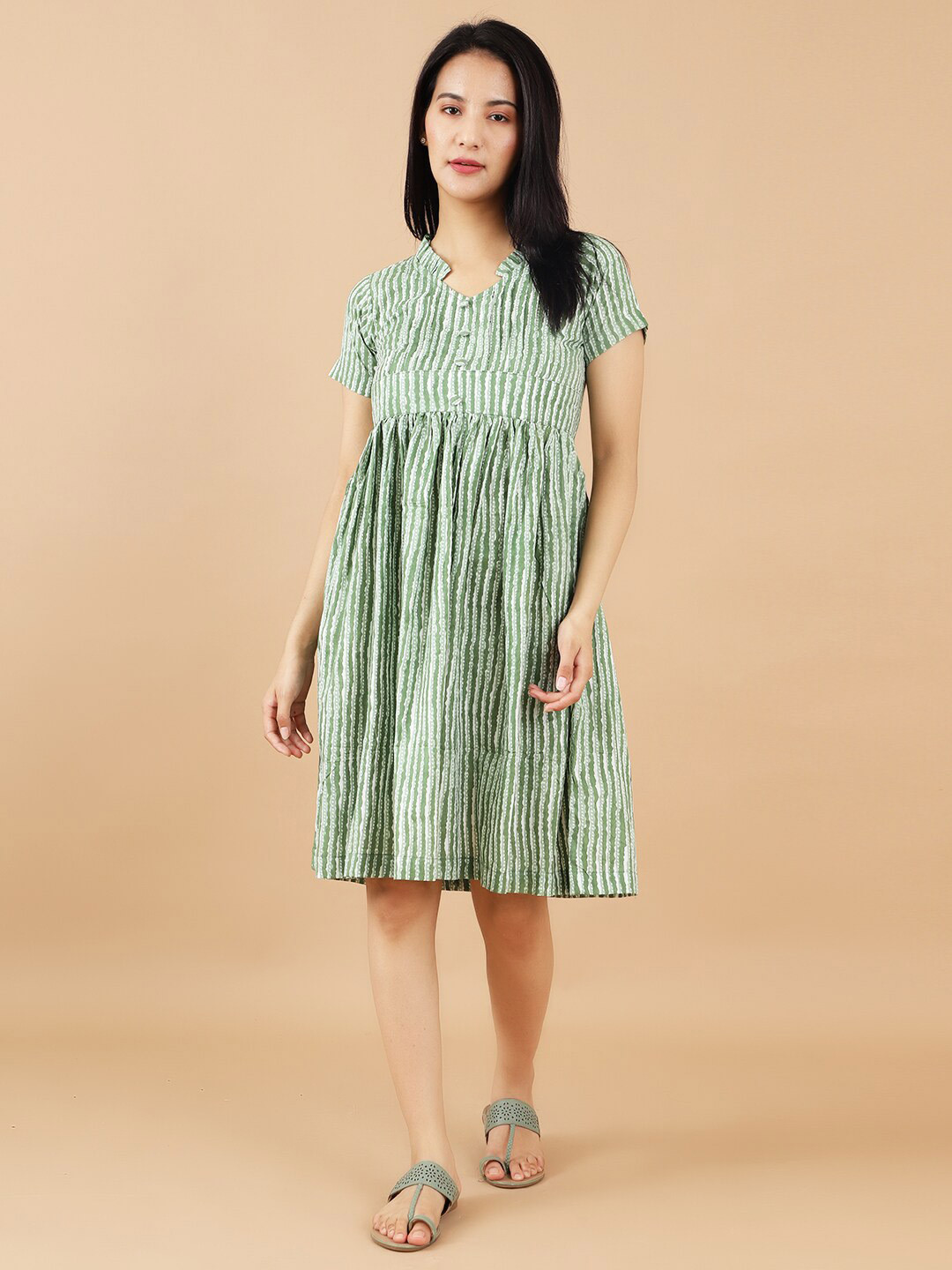 

INDOPHILIA Striped Jaipur Cotton Empire Dress, Green