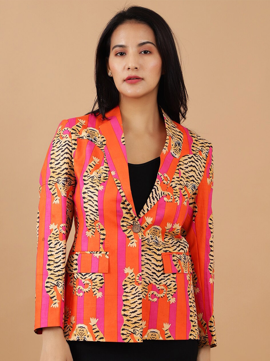 

INDOPHILIA Printed Notched Lapel Single Breasted Cotton Blazer, Orange