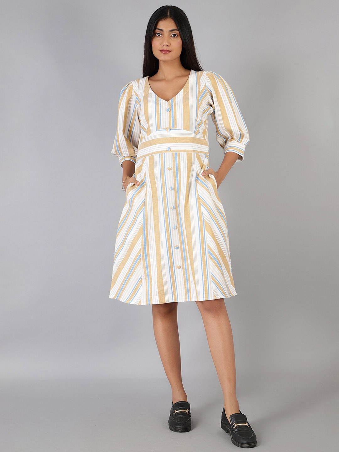 

INDOPHILIA Striped A-Line Cotton Linen Fit & Flare Dress, White