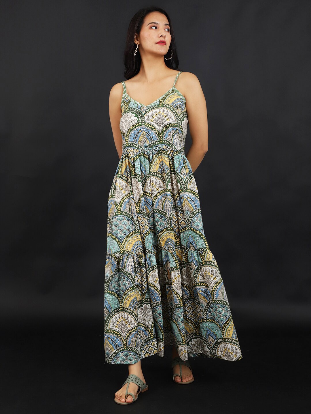 

INDOPHILIA Floral Printed Cotton Maxi Dress, Green