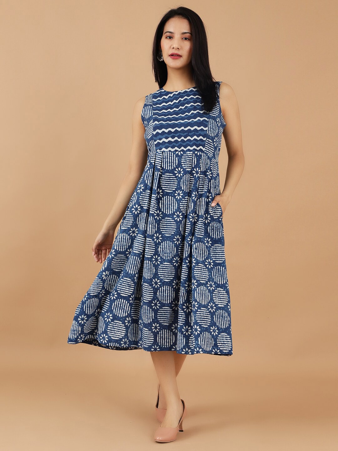 

INDOPHILIA Ethnic Motifs Print Cotton A-Line Midi Dress, Blue