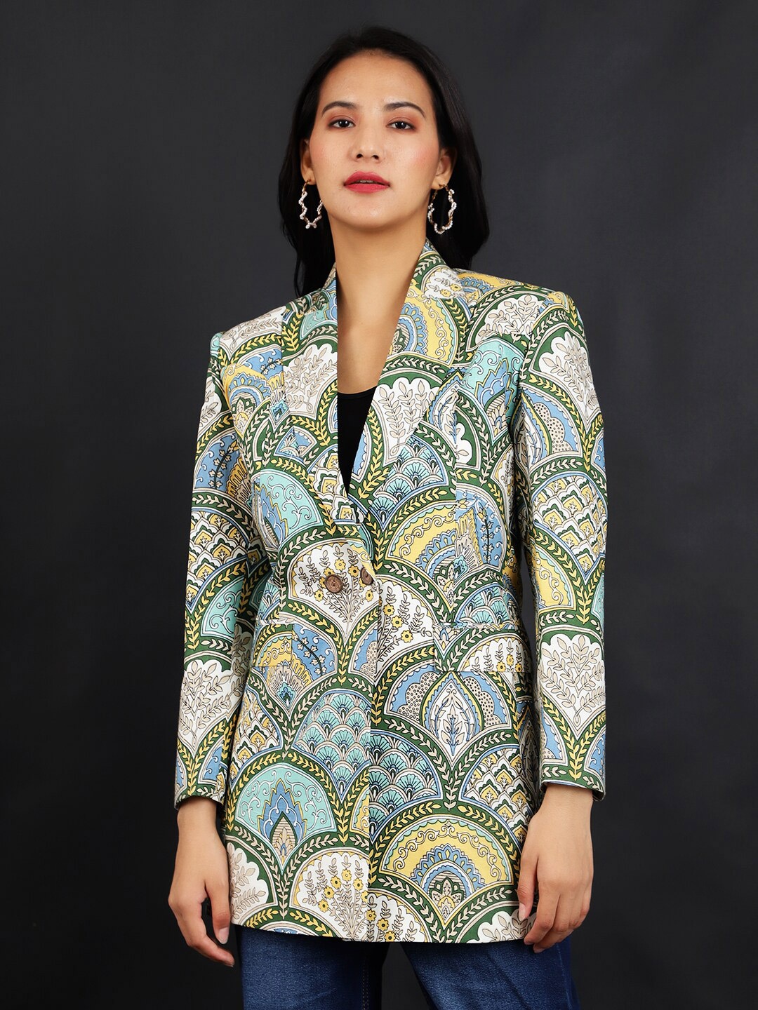 

INDOPHILIA Floral Printed Single-Breasted Casual Blazer, Green