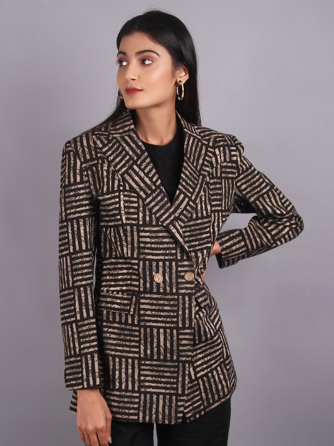

INDOPHILIA Printed Cotton Single-Breasted Blazers, Black