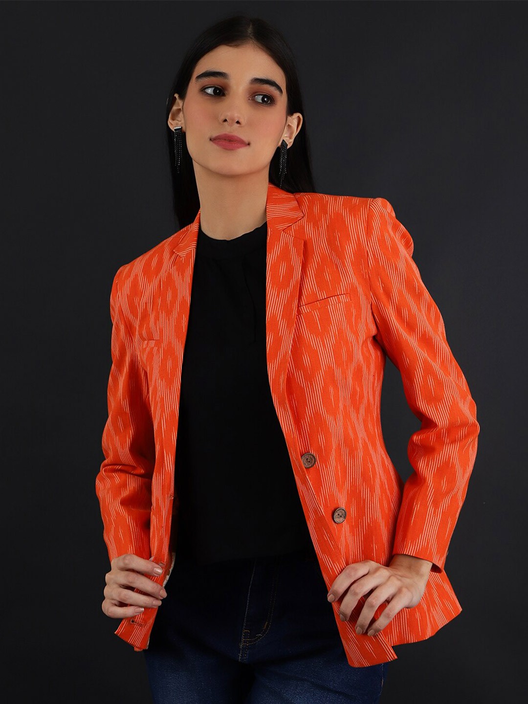 

INDOPHILIA Printed Cotton Single-Breasted Blazer, Orange