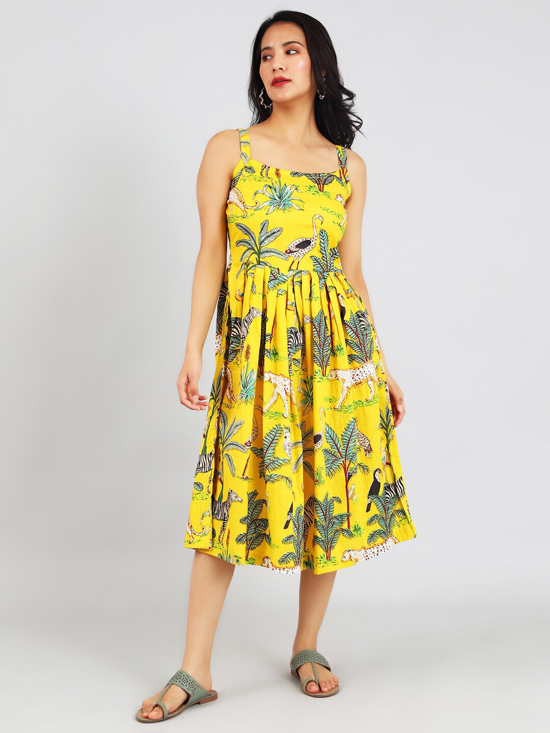 

INDOPHILIA Floral Printed Sleeveless Fit & Flare Midi Cotton Dress, Yellow