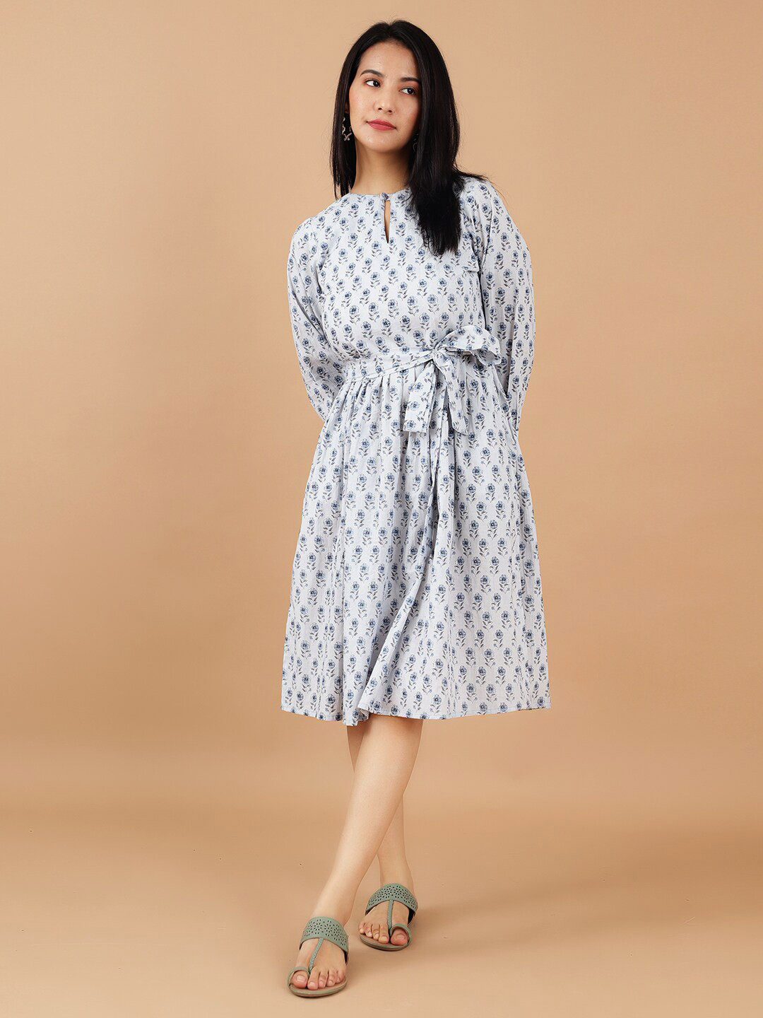 

INDOPHILIA Floral Print Keyhole Neck Belted Fit & Flare Cotton Dress, Blue