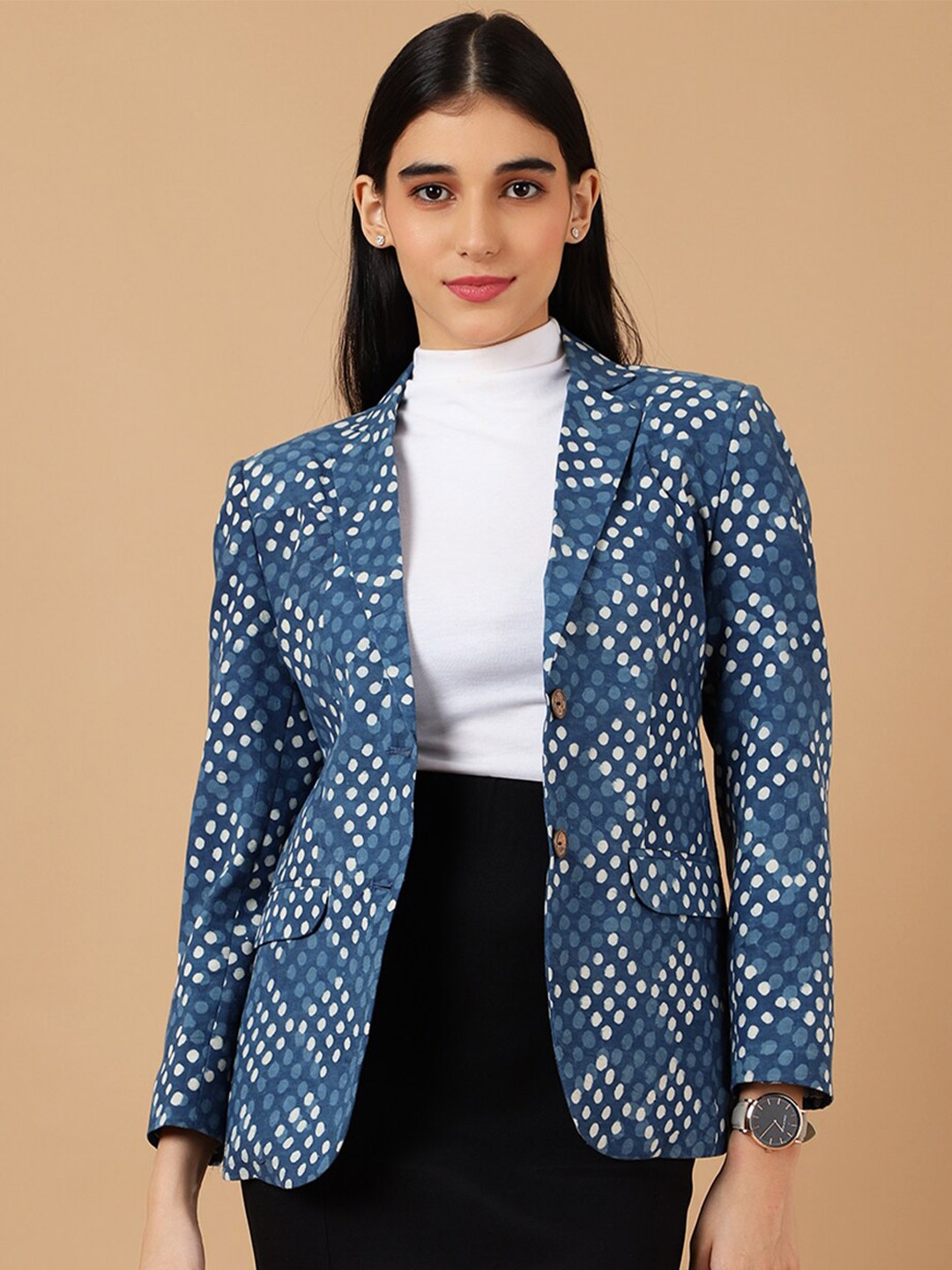 

INDOPHILIA Printed Cotton Single Breasted Blazer, Blue