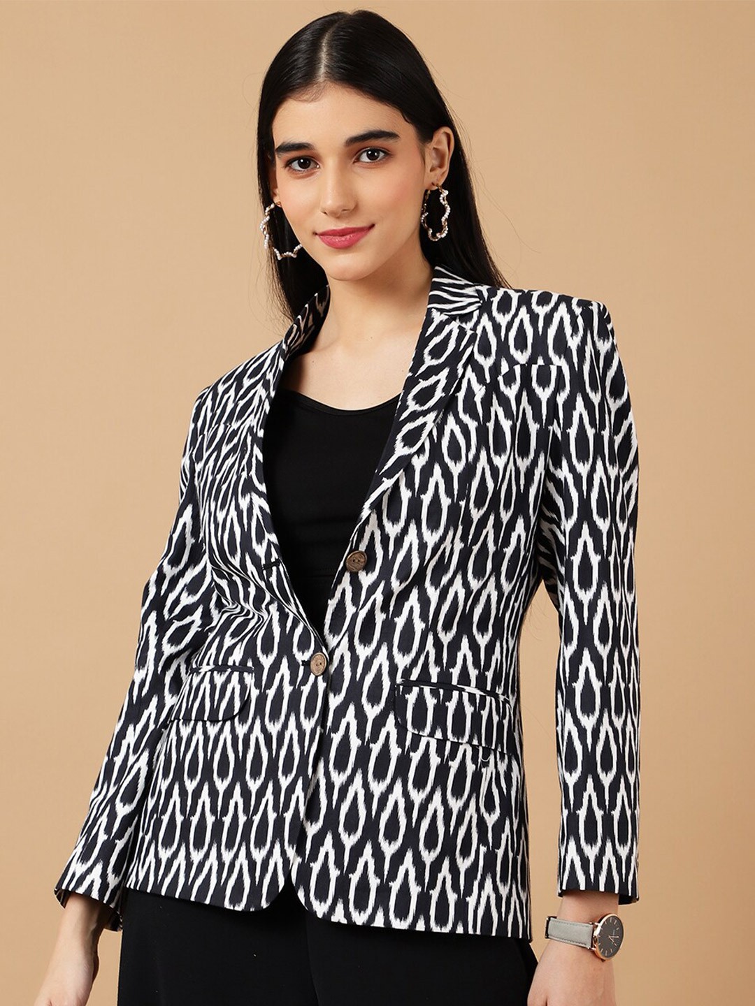 

INDOPHILIA Ethnic Motifs Printed Single-Breasted Jaipur Cotton Satin Casual Blazer, Black