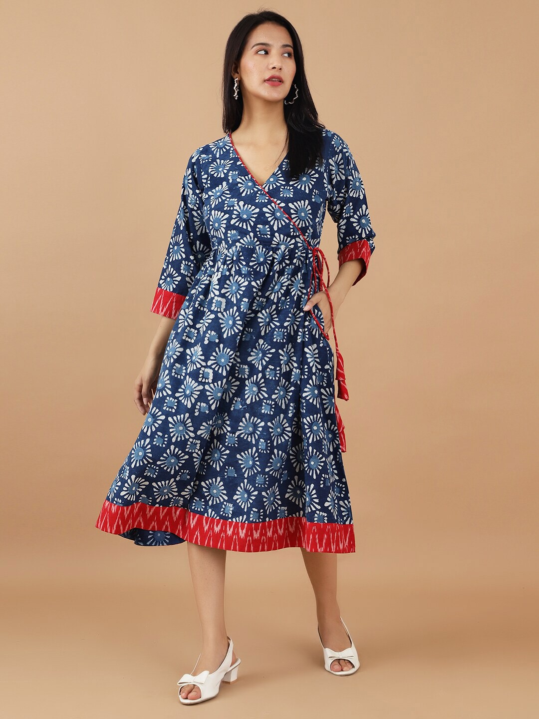 

INDOPHILIA Ethnic Motifs Printed Cotton A-Line Midi Dress, Navy blue