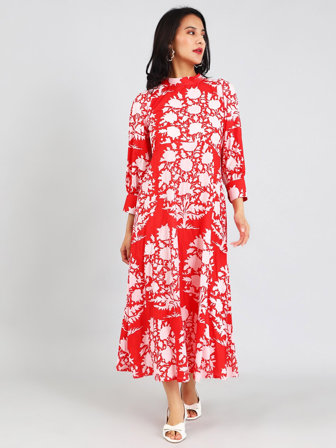 

INDOPHILIA Floral Print Pure Cotton Maxi Dress, Red