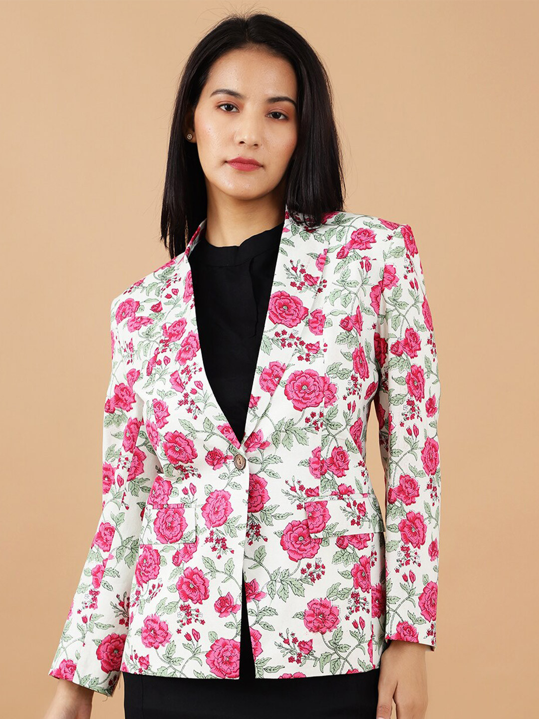 

INDOPHILIA Printed Cotton Single Breasted Casual Blazer, White