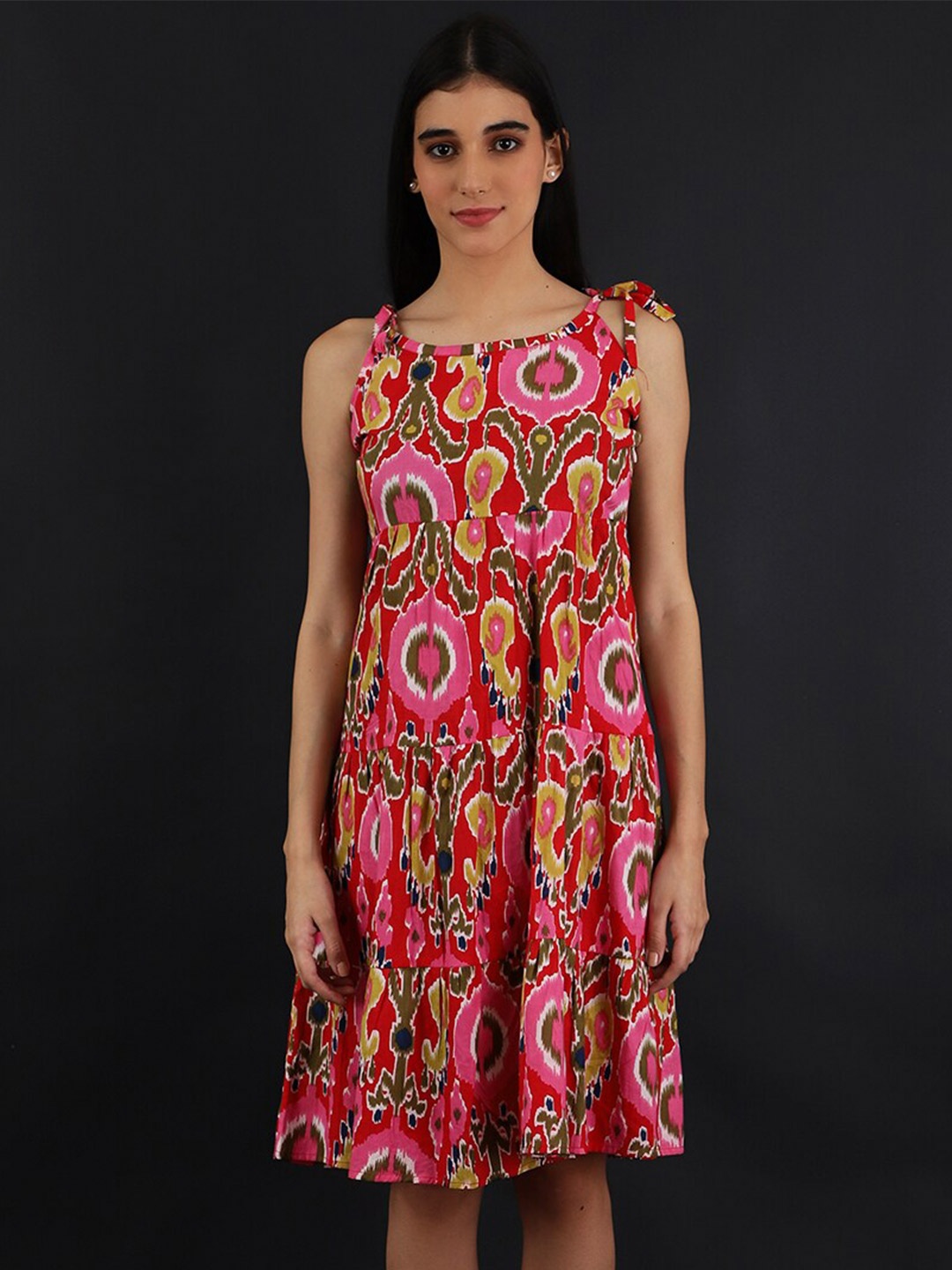 

INDOPHILIA Geometric Printed Sleeveless Jaipur Cotton Tie-Ups A-Line Dress, Red