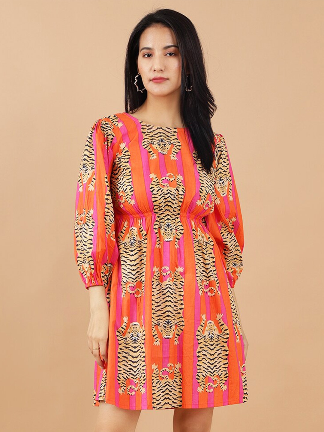 

INDOPHILIA Conversational Print Puff Sleeve Fit & Flare Dress, Orange