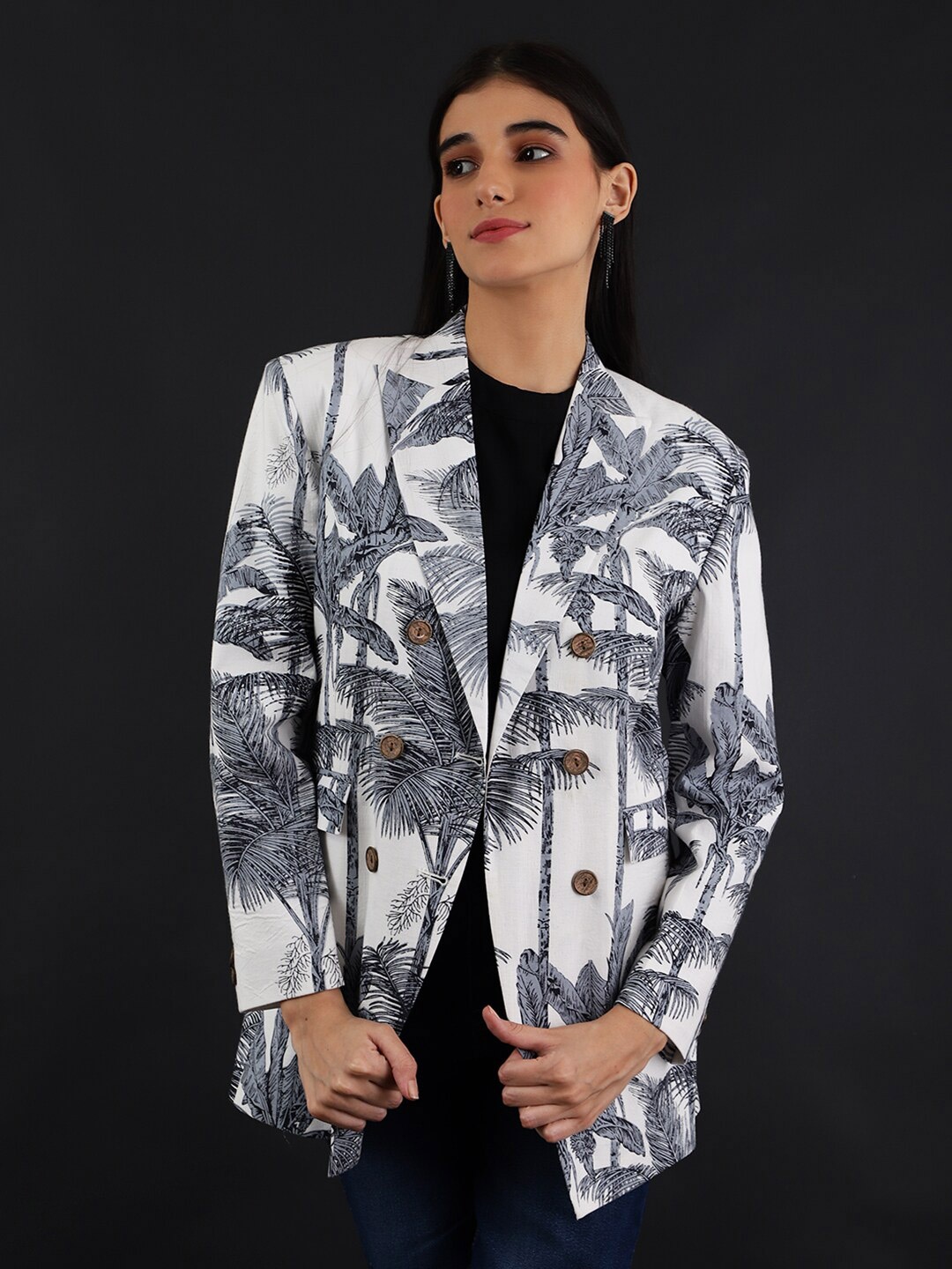 

INDOPHILIA Tropical Printed Single-Breasted Jaipur Cotton Satin Casual Blazer, White