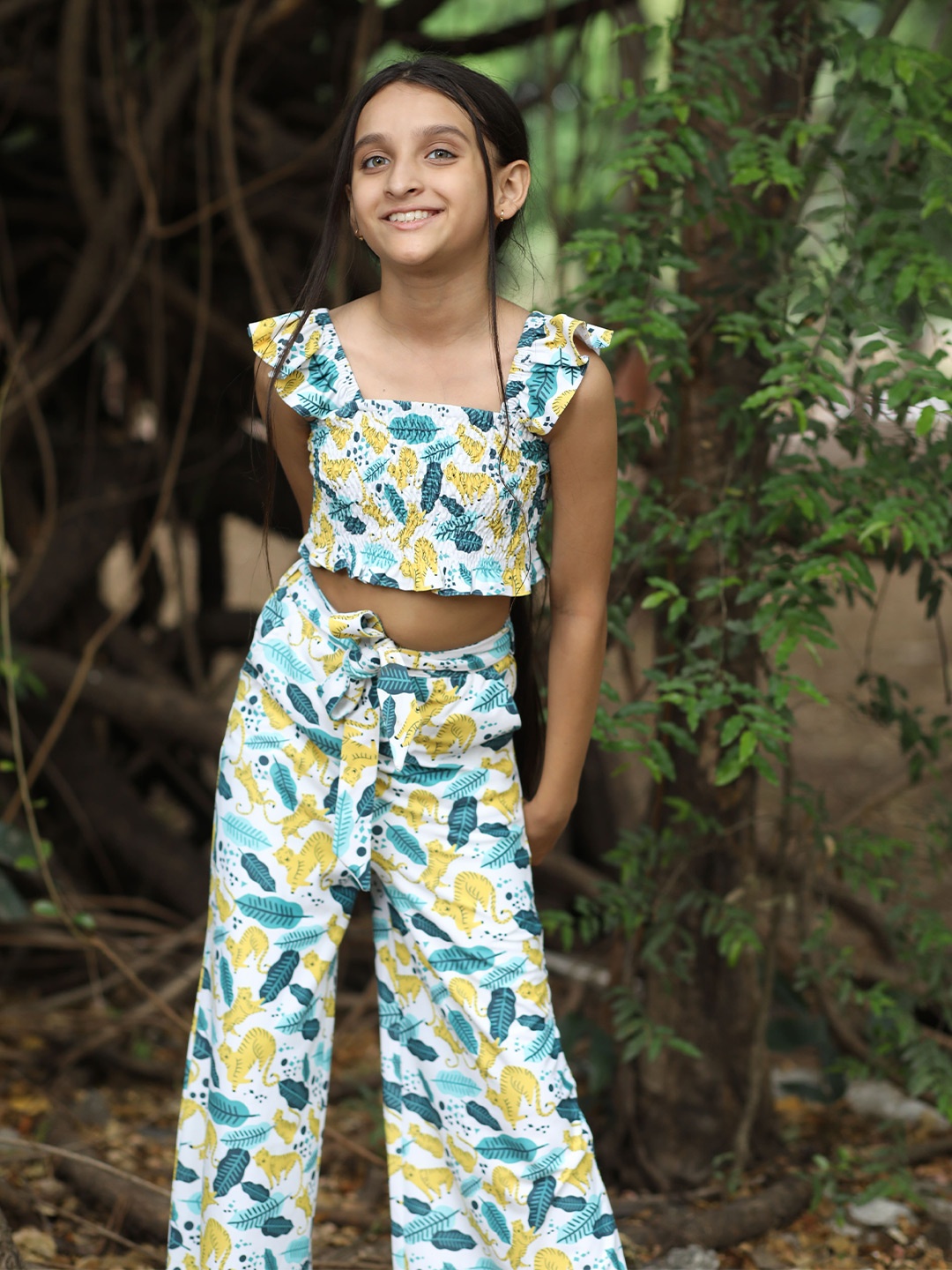 

BAESD Girls Conversational Printed Square Neck Top With Trousers, White