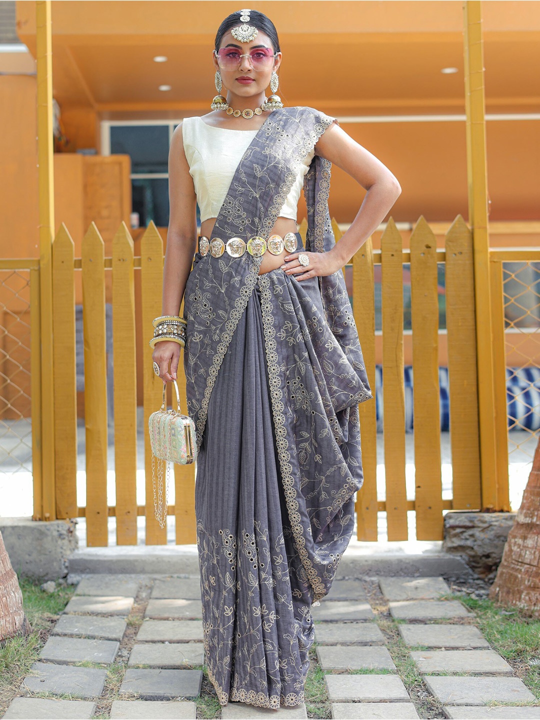

LeeliPeeri Designer Floral Embroidered Silk Saree, Grey melange