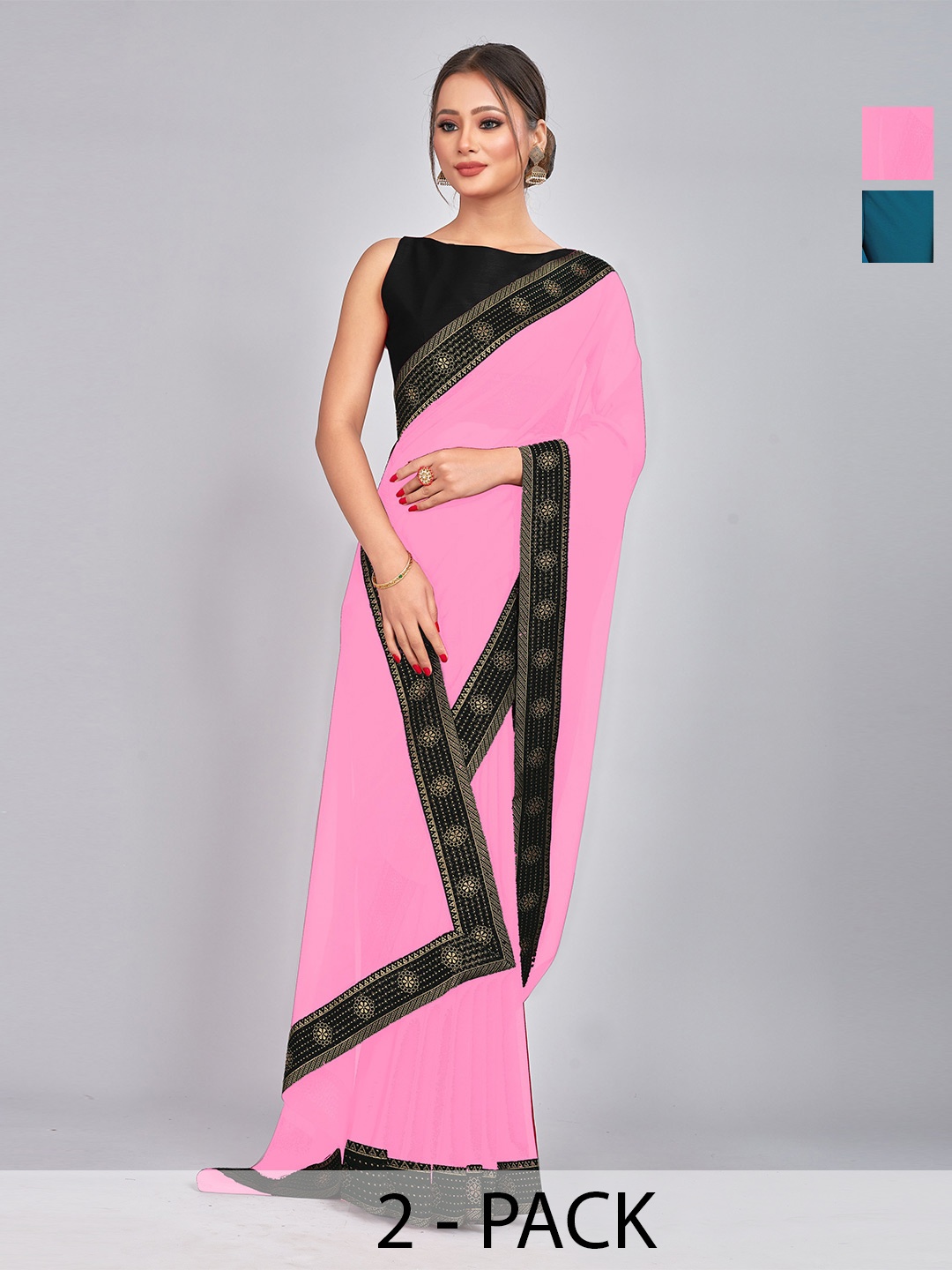 

CastilloFab Pack of 2 Gotta Patti Pure Georgette Saree, Teal