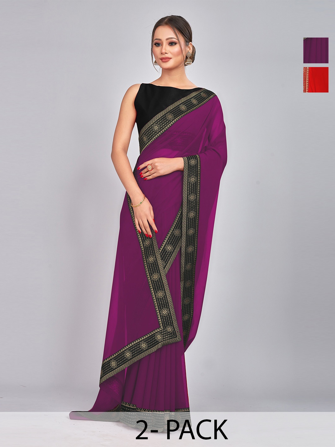 

CastilloFab Pack of 2 Gotta Patti Pure Georgette Saree, Red