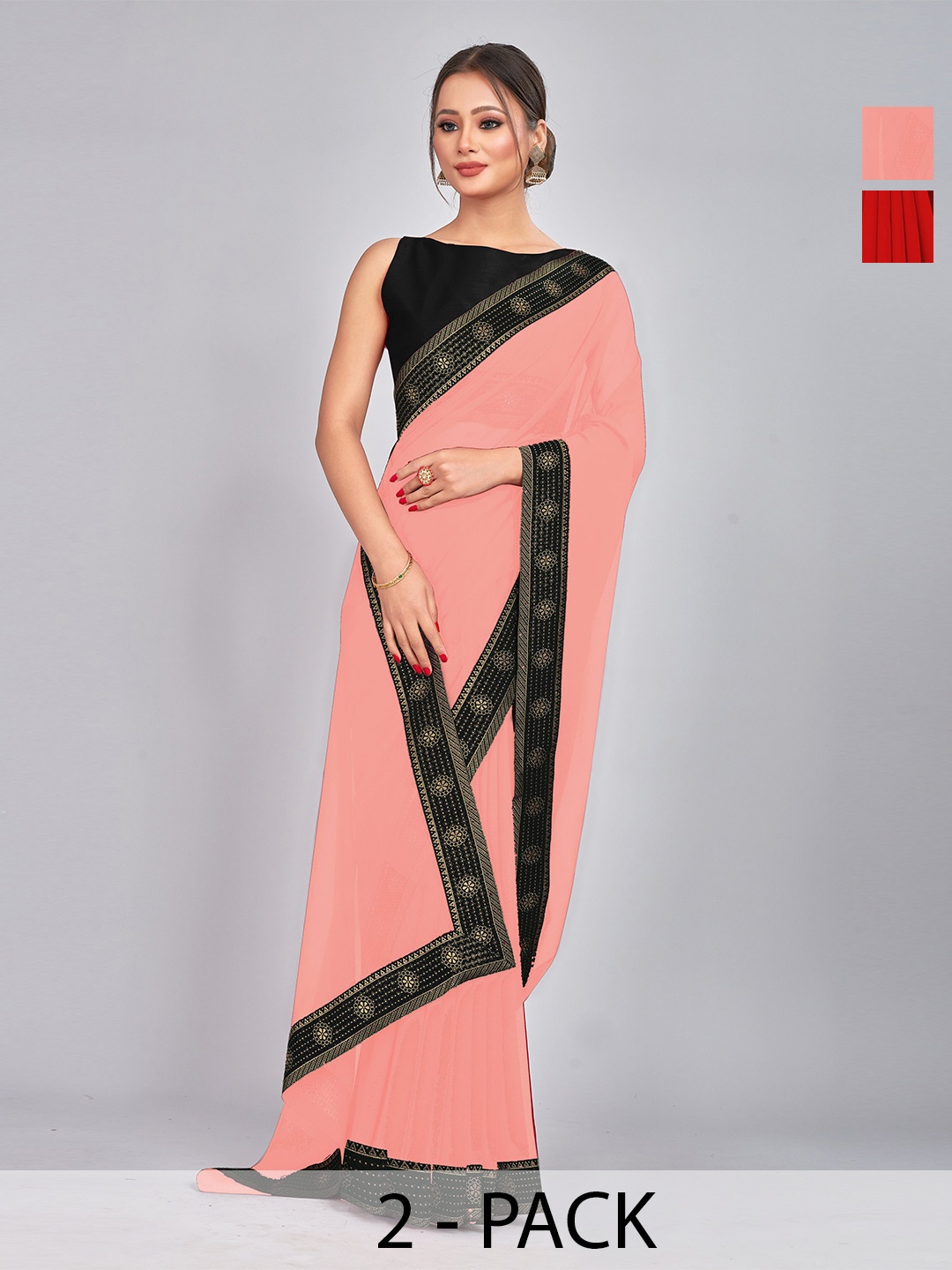 

CastilloFab Red & Peach Coloured Pure Georgette Saree