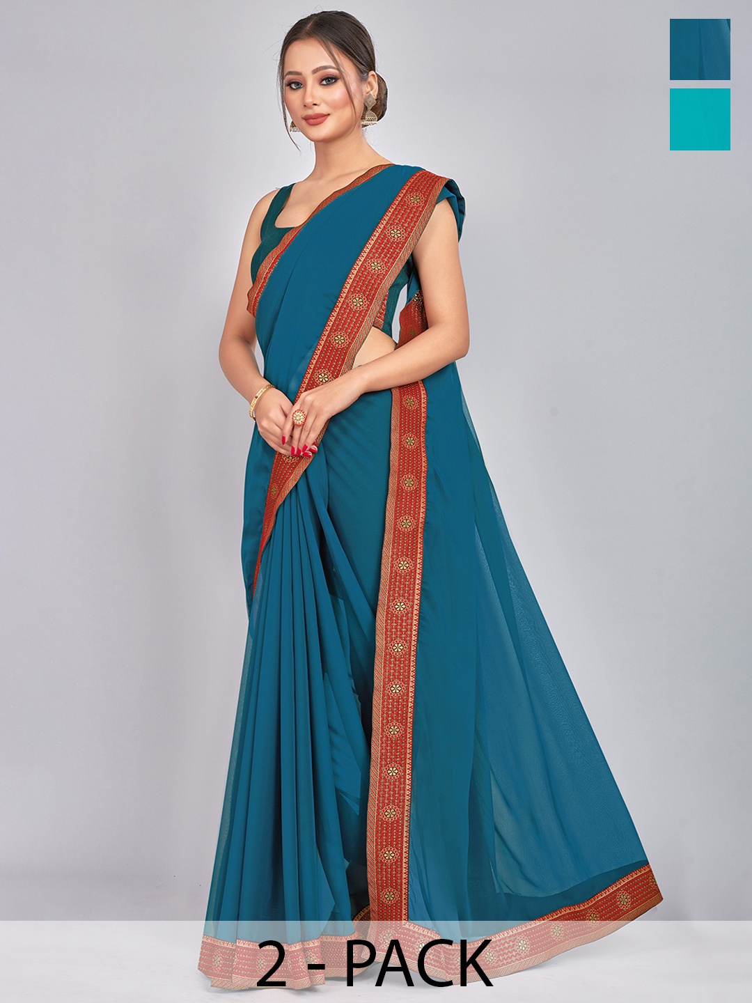 

CastilloFab Selection of 2 Zari Pure Georgette Saree, Teal