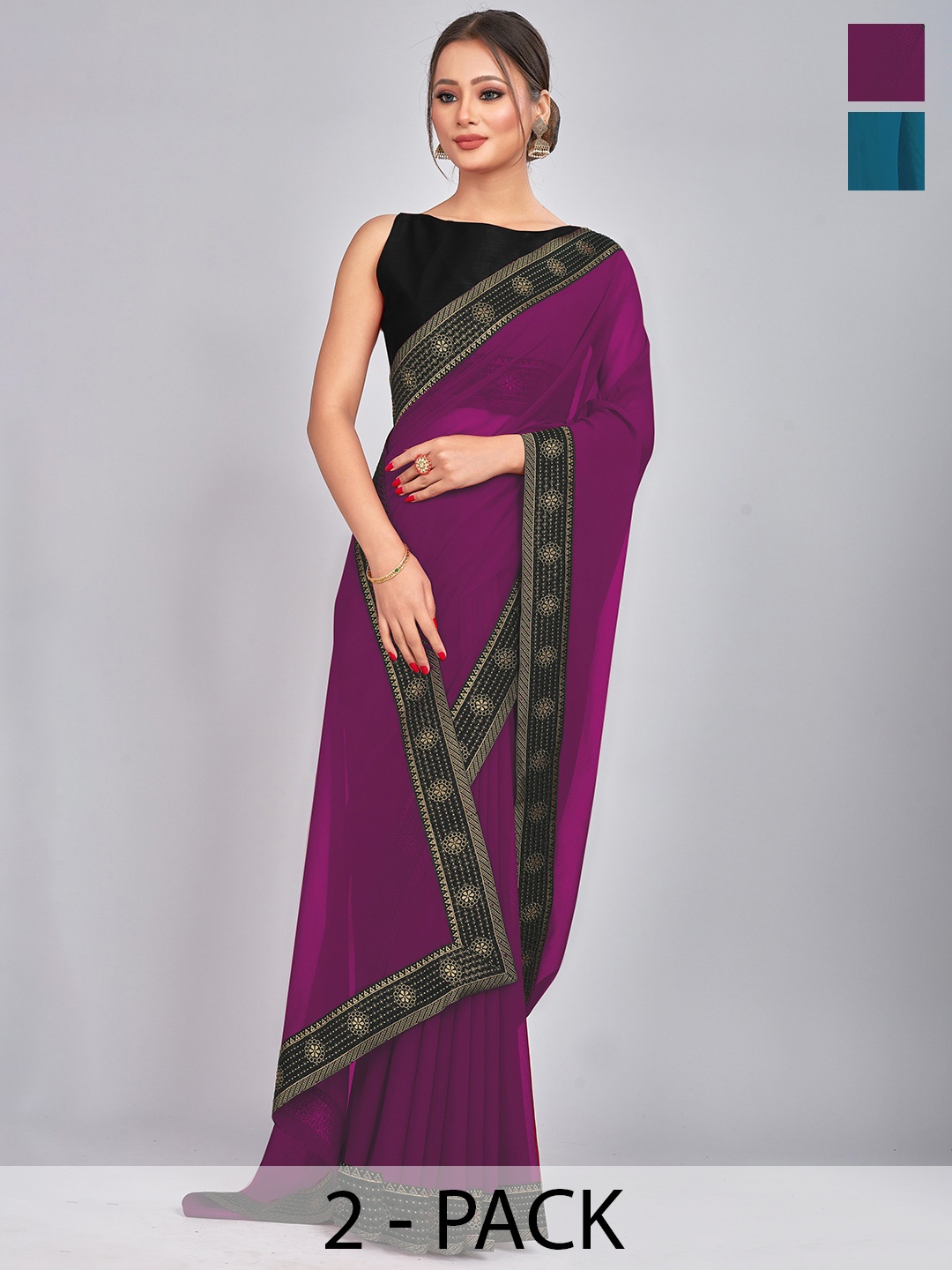 

CastilloFab Teal & Burgundy Pure Georgette Saree