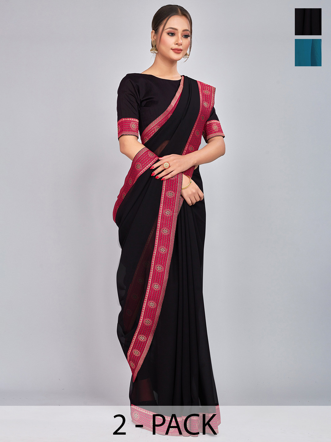 

CastilloFab Pack of 2 Woven Design Georgette Saree With Lace Border, Teal