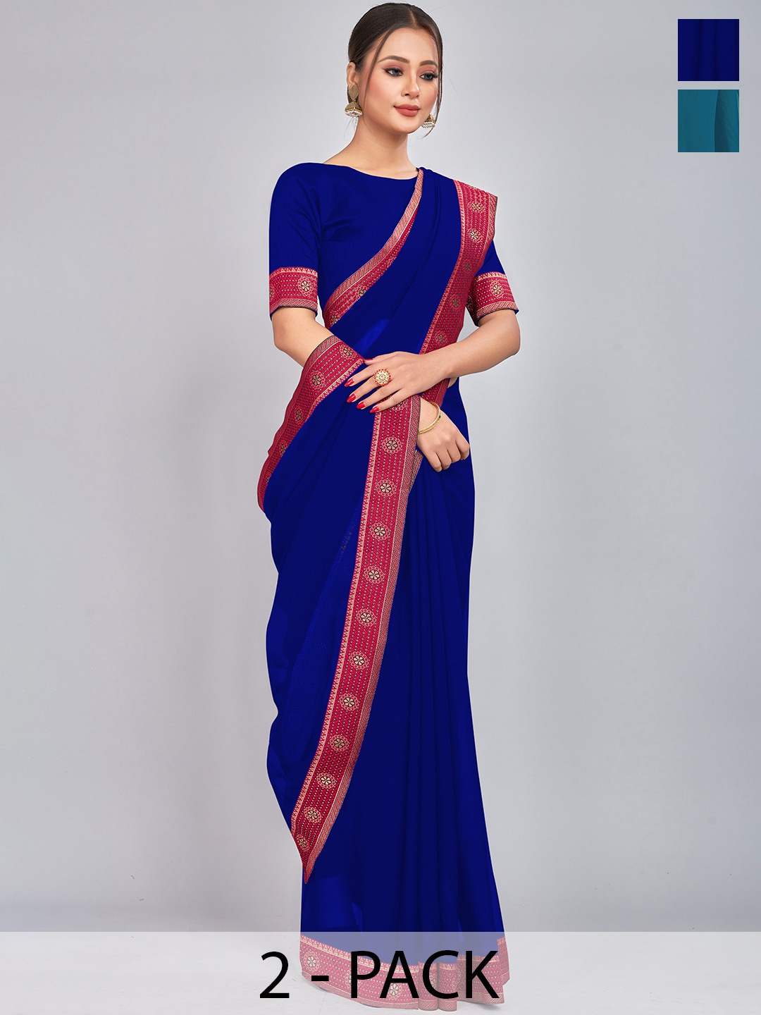 

CastilloFab Selection Of 2 Woven Design Zari Pure Georgette Sarees, Teal