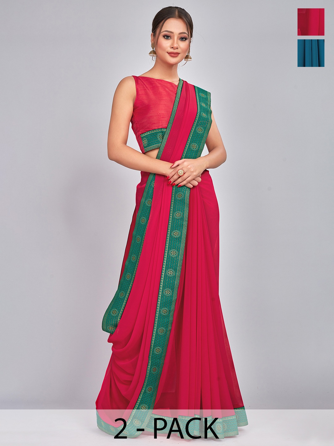 

CastilloFab Pack of 2 Woven Design Georgette Saree With Lace Border, Teal