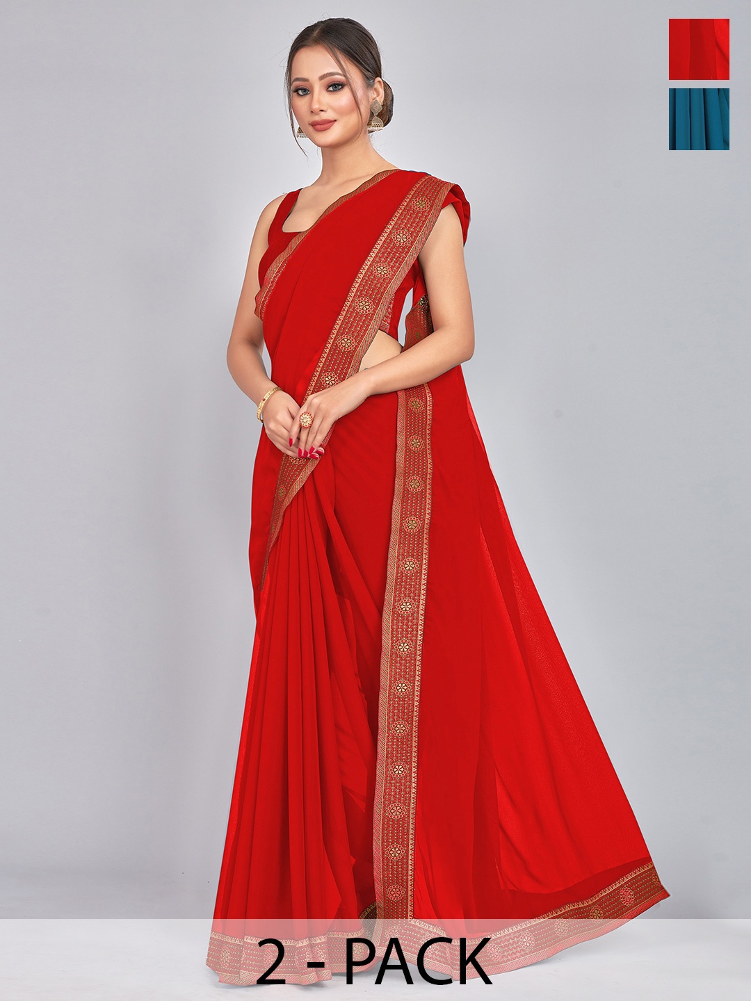 

CastilloFab Pack of 2 Gotta Patti Pure Georgette Saree, Teal