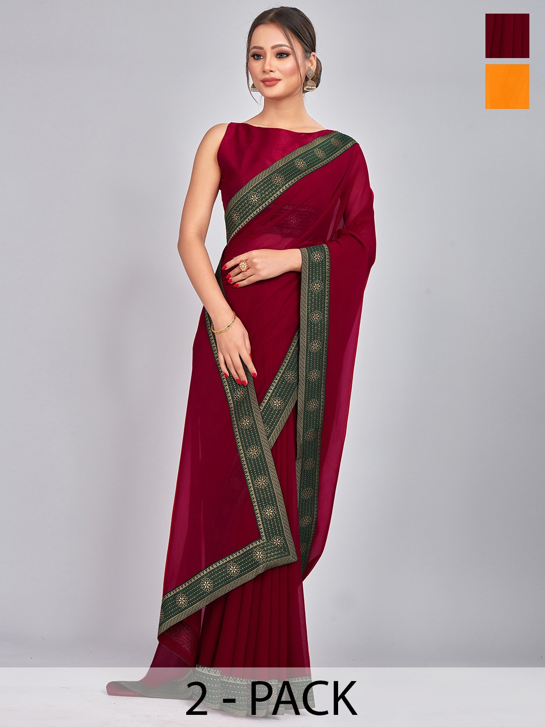 

CastilloFab Pack Of 2 Woven Design Pure Georgette Sarees, Mustard