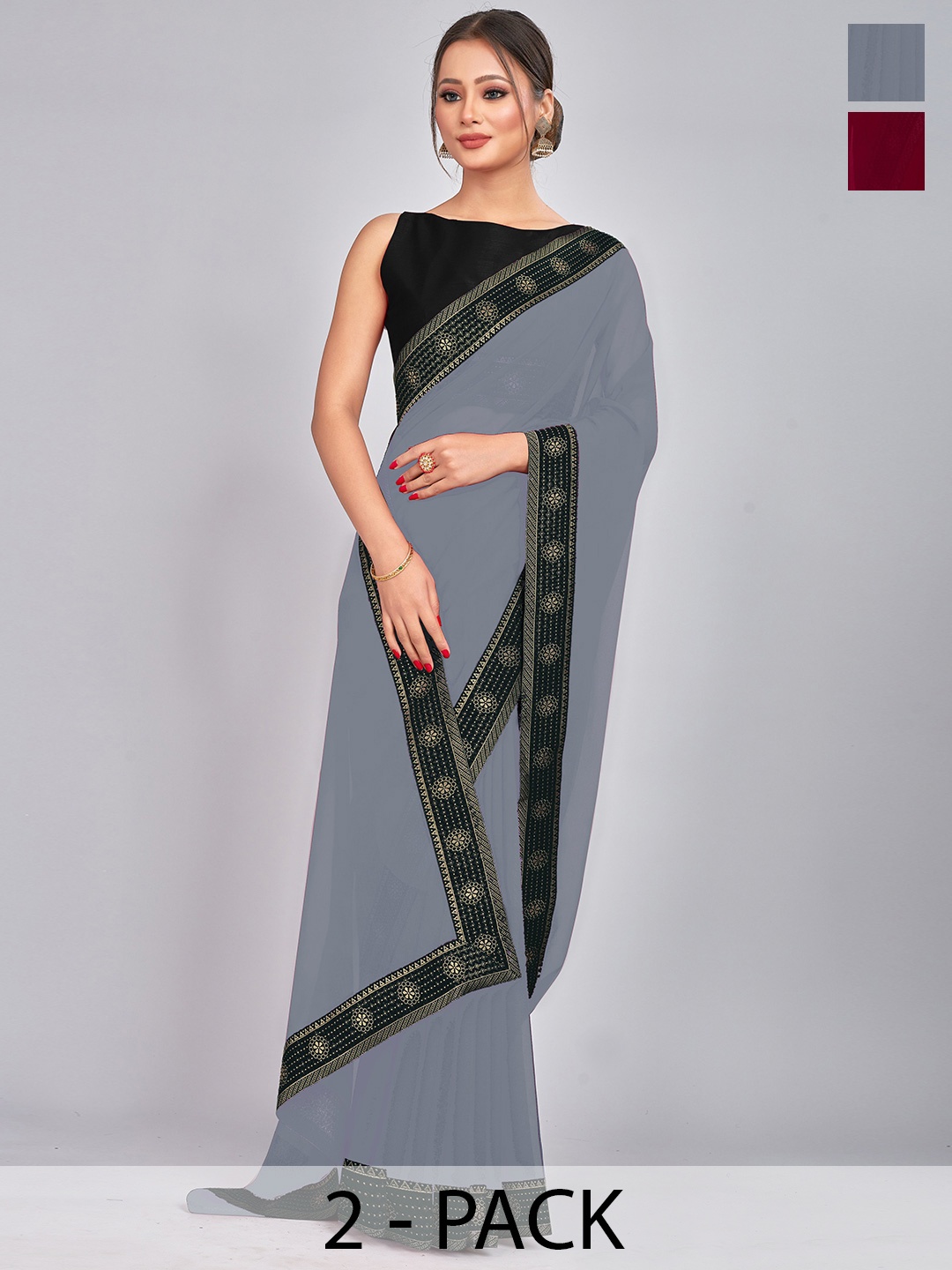 

CastilloFab Pack Of 2 Woven Design Zari Pure Georgette Sarees, Maroon